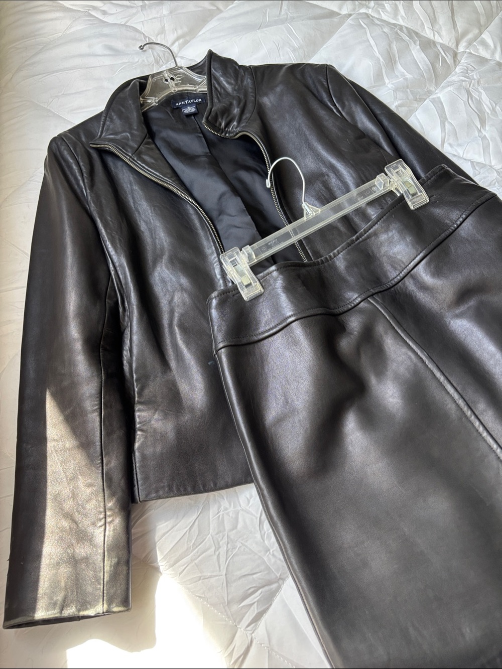 Ann Taylor Beautiful Black Leather Zip-Front Jacket and matching leather skirt.